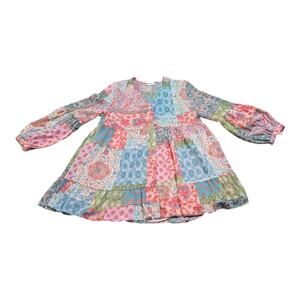 Sunday Up Boho Patchwork Tunic Balloon Sleeve Button Up Dress Oversized Small